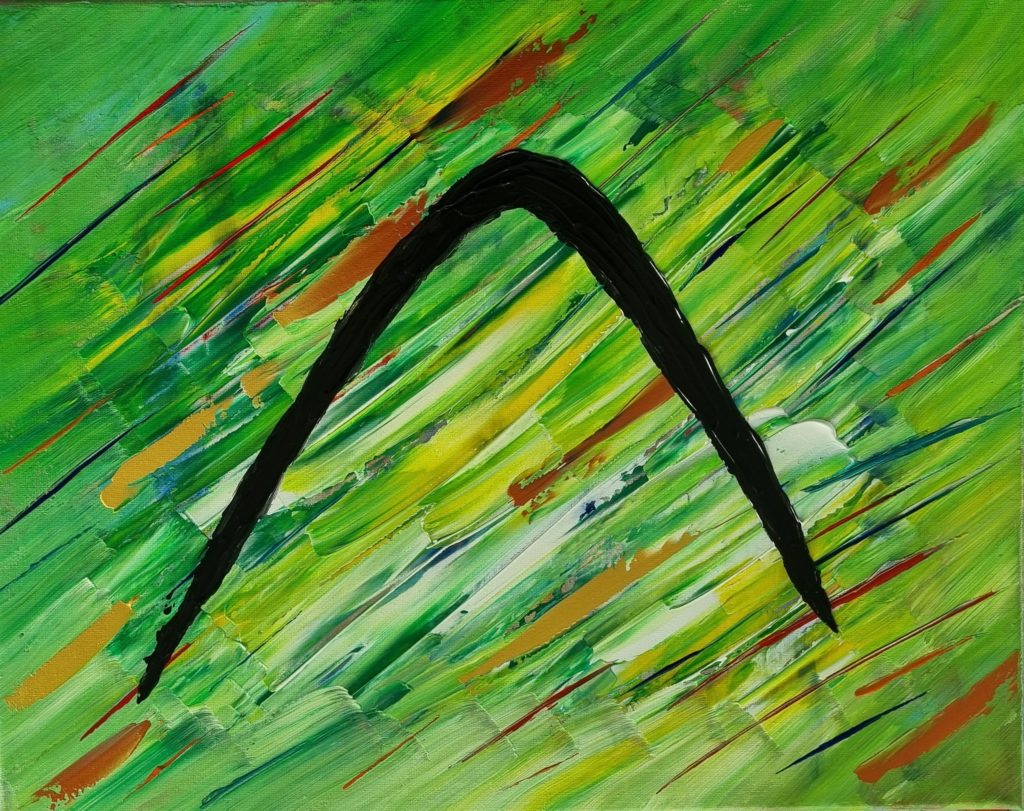 Painting of emoji smile outline in black against diagonal palette knife strokes of green and white with hints of gold and copper