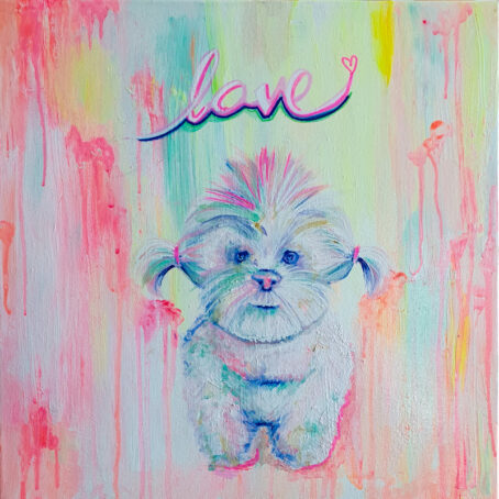 pastel terrier puppy dog painting with the words love written above it