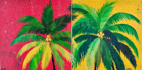 two paintings with a green palm tree in each on a red and yellow background