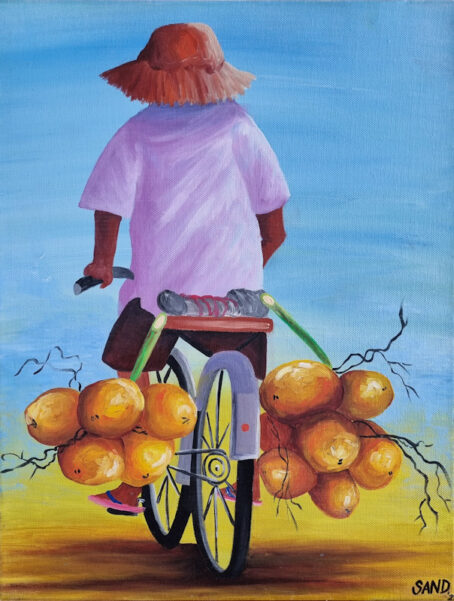 painting of men riding bicycle with coconuts in Mauritius