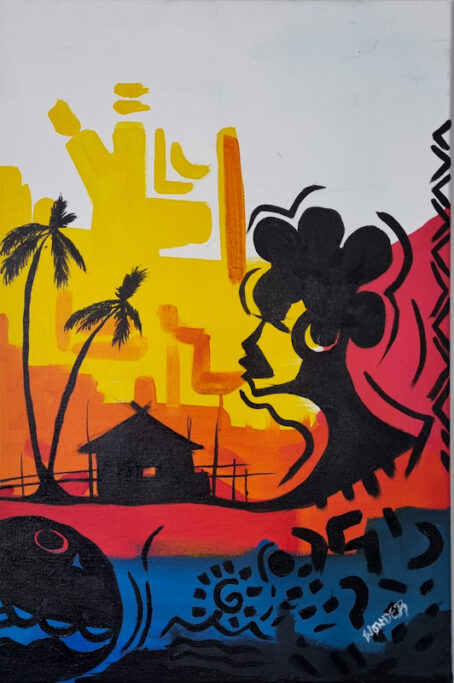 African theme painting with hut, palm trees, side face of african woman and tribal drawings all in black on red, yellow and orange background with bleu at the bottom.