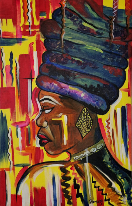 Side face painting of african woman wearing headcover and makeup on a red and yellow abstract background.