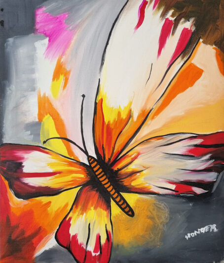 abstract painting of a butterfly close up in shades of red, orange, yellow and white on a darker grey background