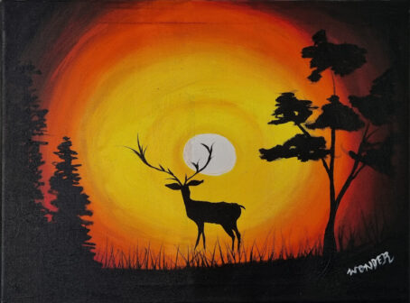 Painting of a deer in black with the sun in off white gradually blending into yellow, orange and black around the perimeter with trees in black on either side