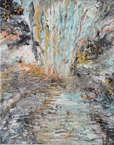 Abstract painting of water and rocks using fluid and salt technique